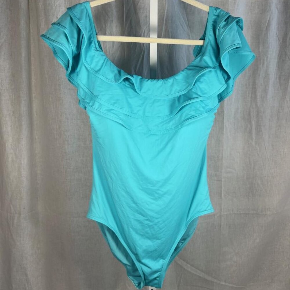 NWT Kate Spade New York Off Shoulder Ruffle Swimsuit in River Blue - Size XL - Picture 2 of 7